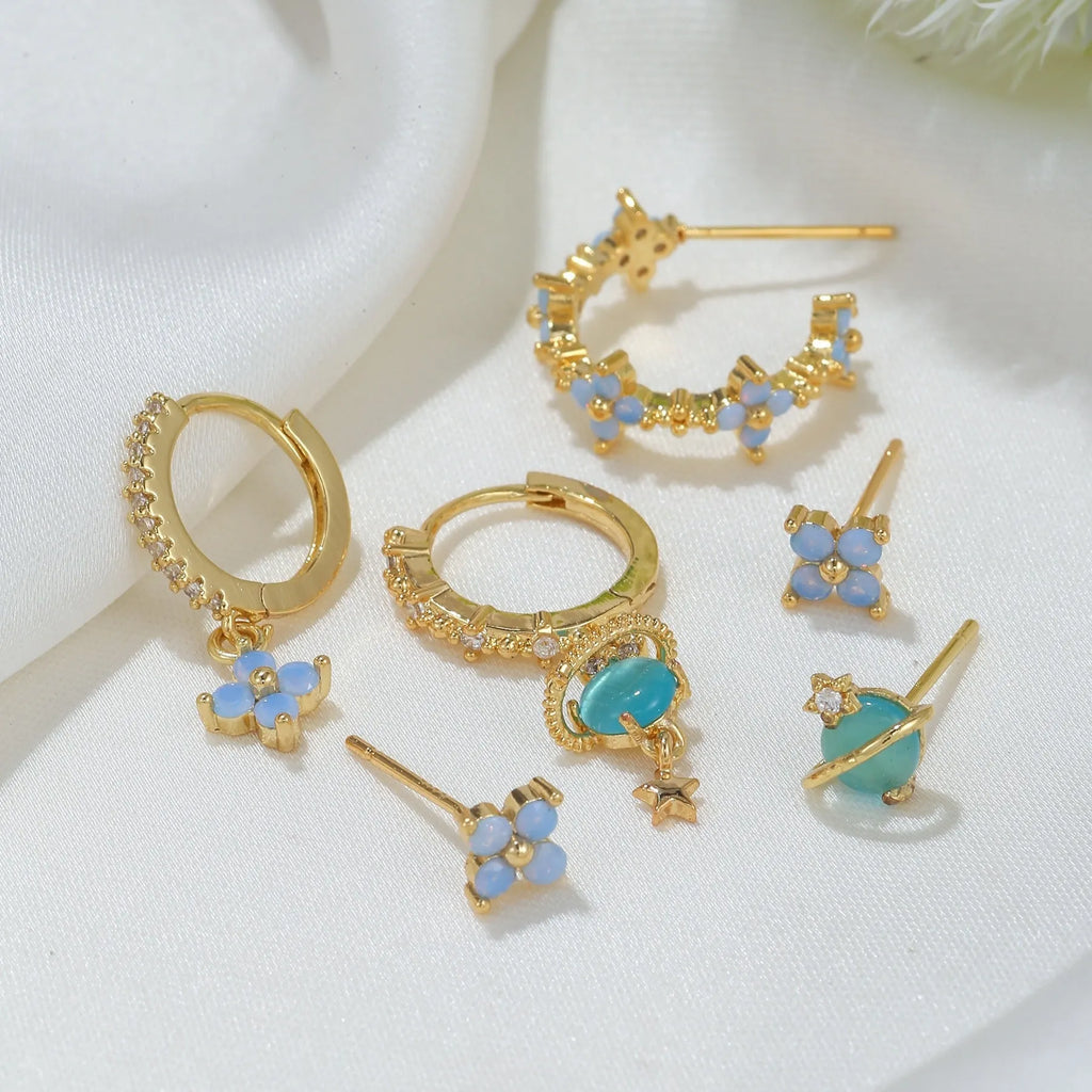 Gold and silver floral geometric stud earrings with zircon mosaic detail, Japanese Korean style.