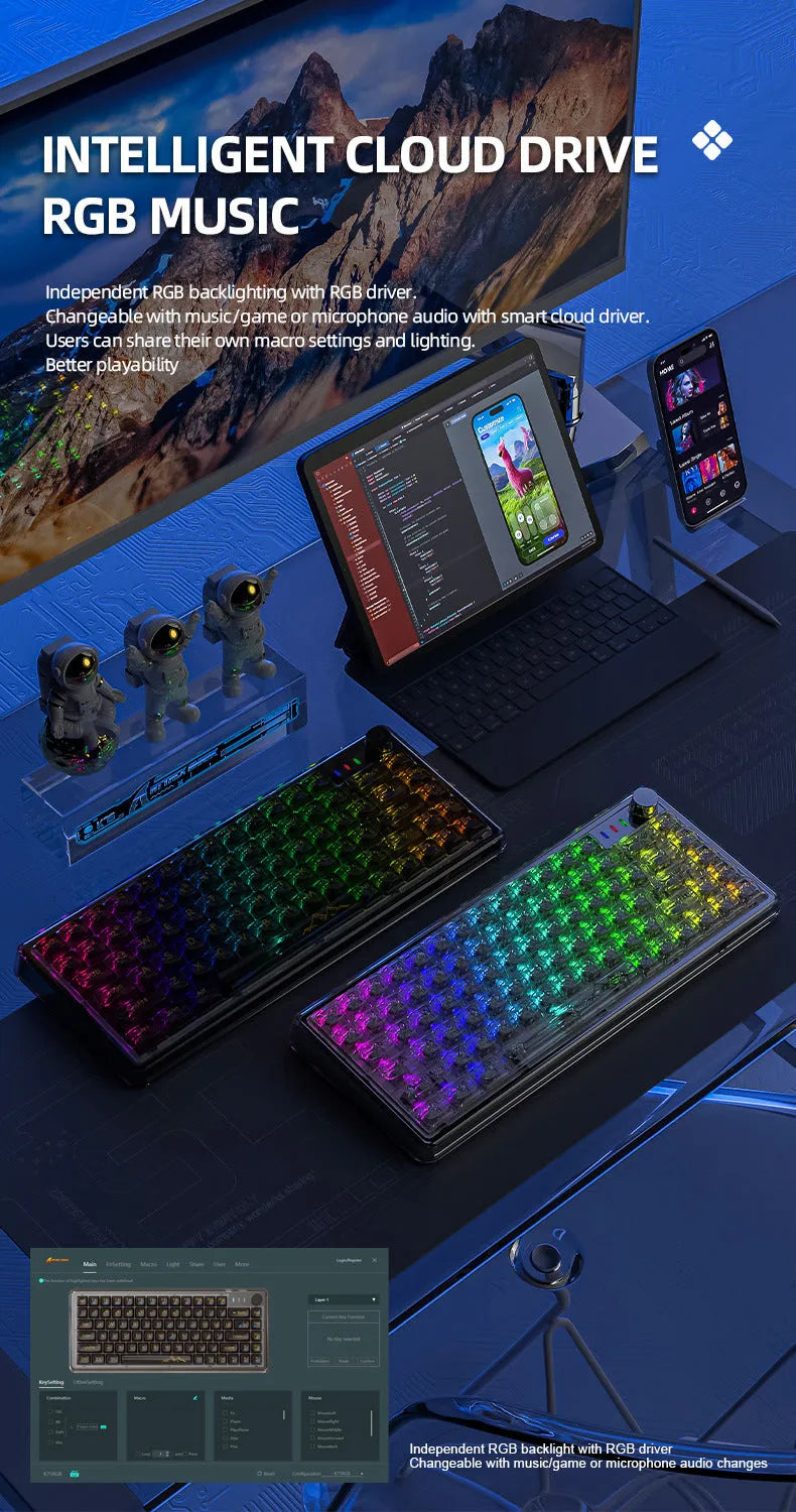Attack Shark K75RGB wireless mechanical keyboard with transparent black case showing RGB backlighting and 75% layout