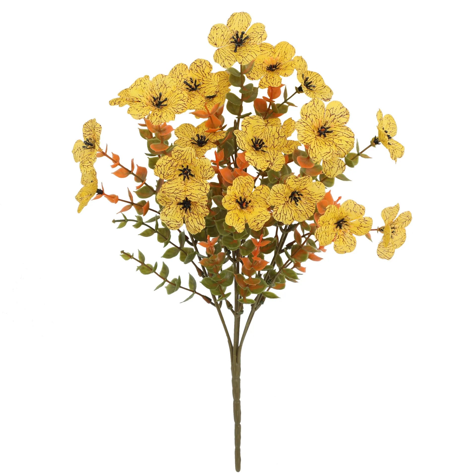 Artificial flower bouquet in autumn colours including orange, yellow, and red tones