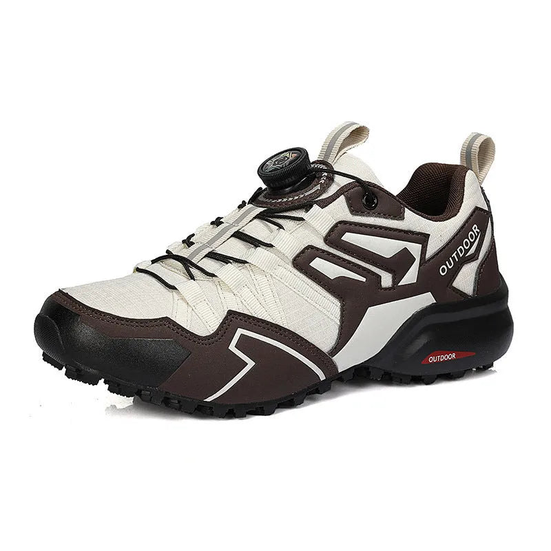 Men's beige lightweight hiking shoes with an elastic band closure and rubber sole