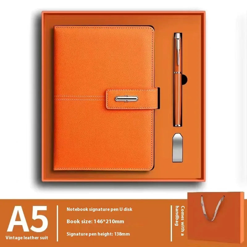 A5 notebook with PU leather cover in one of six colour options, showing wood-free paper inside.