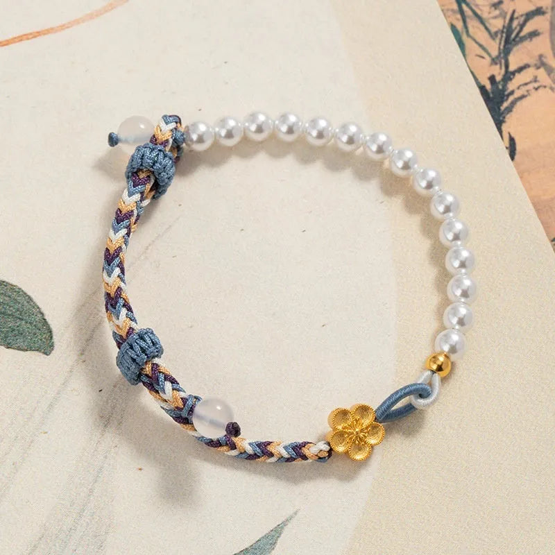 Peach coloured Chinese flower weaving carrying strap with sterling silver chalcedony and pearls on cord bracelet