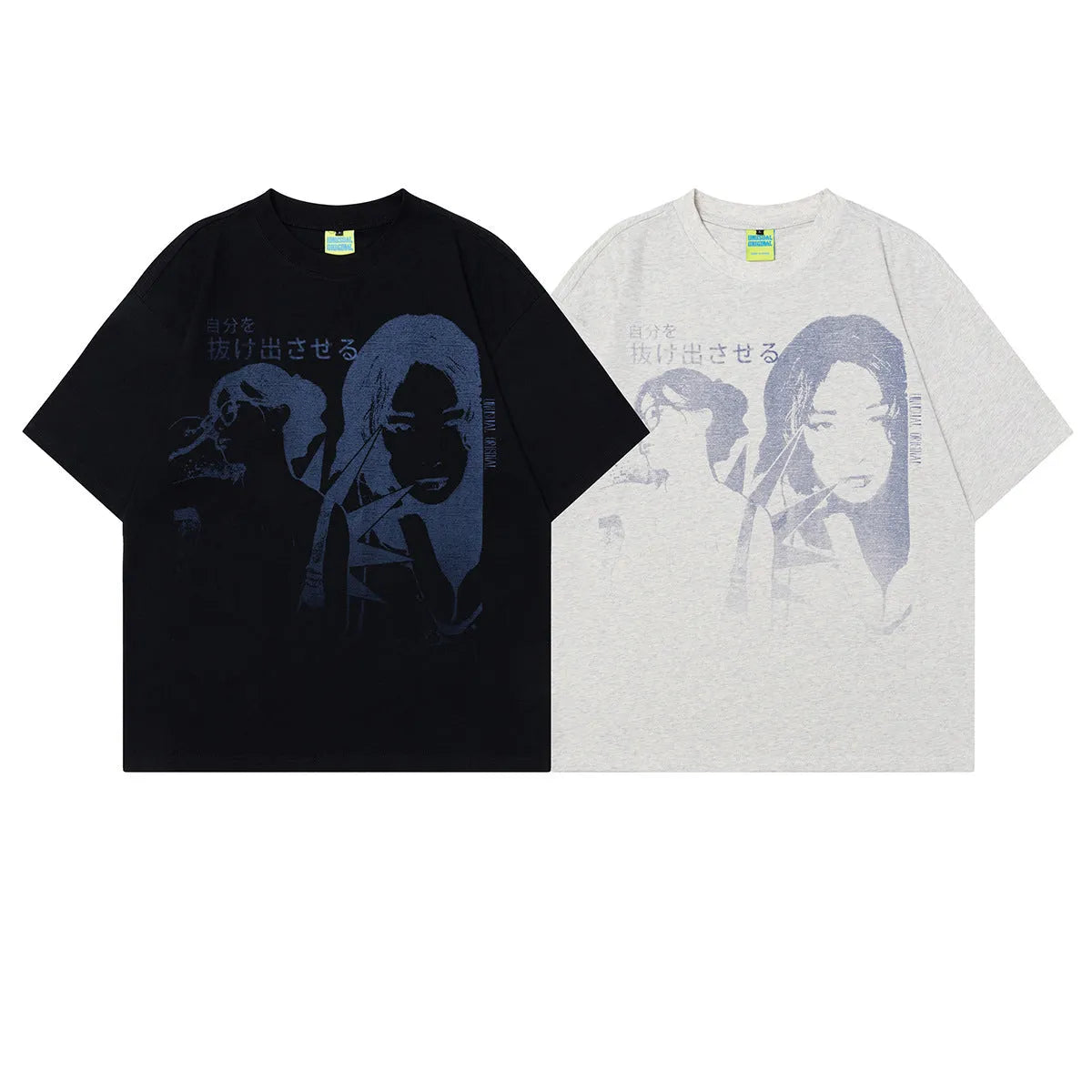 Men's black t-shirt with a retro character print, showing loose fit and short sleeves.