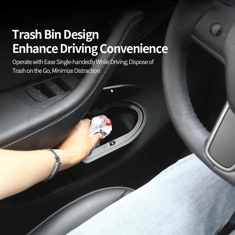 Black ABS plastic car door storage bin and trash can designed for Tesla Model Y front seats.