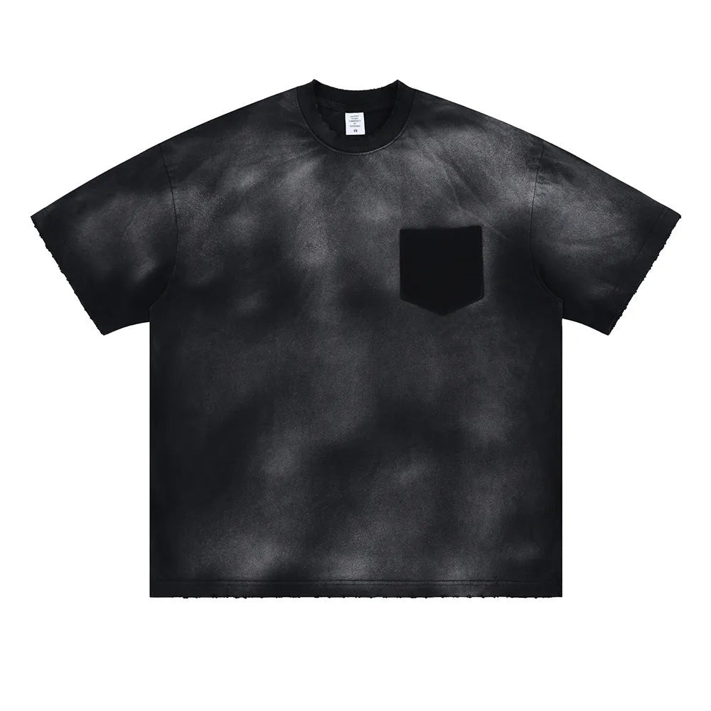 Black men's loose-fit cotton t-shirt with white letter printing on the chest.