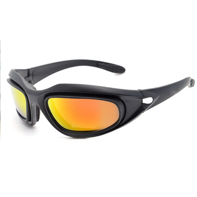 Tactical polarized sports sunglasses with full rim PC frame for cycling and outdoor use.