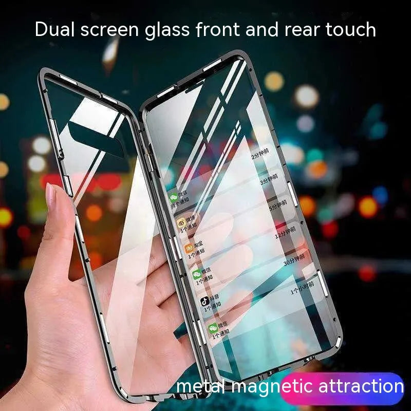 Double-sided glass magnetic metal frame phone case for Samsung, flip style, anti-fall and anti-fingerprint, black colour