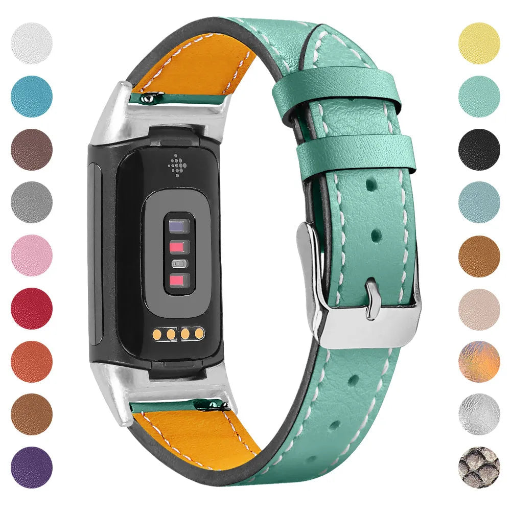 Genuine leather replacement strap for Fitbit Charge 5 and Charge 6 smartwatches in multiple colour options