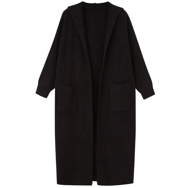 Long grey knitted cardigan hooded trench coat with loose fit and long sleeves.