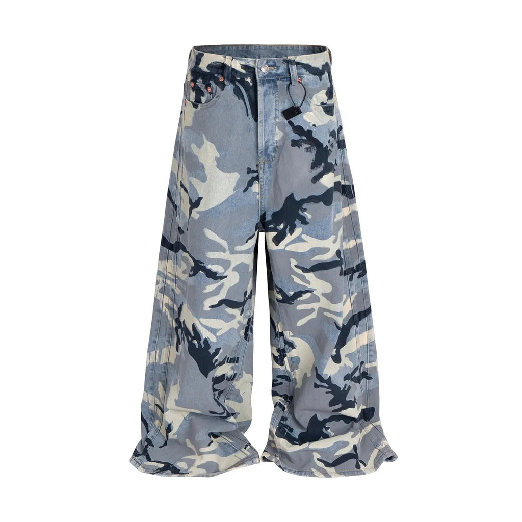 Snow camouflage blue jeans with loose fit trousers design and cotton elastic denim fabric