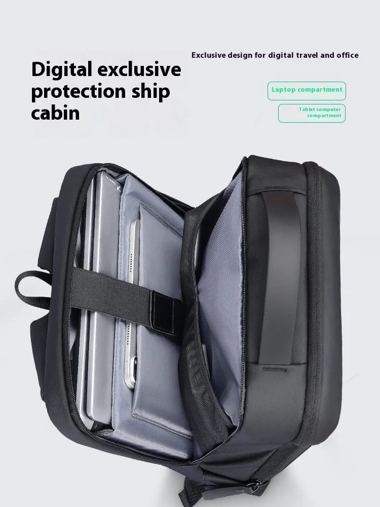 Graphite grey Oxford cloth USB charging business backpack with sewn details.