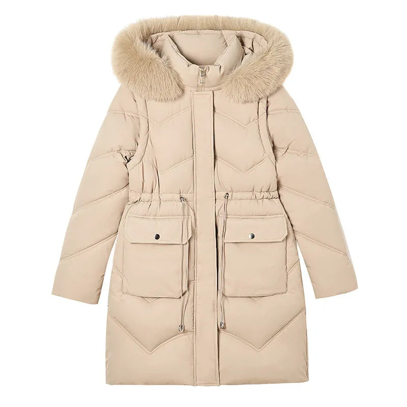 Women's mid-length cotton-padded jacket with removable fur collar in beige, loose fit, super thick polyester fabric, side view