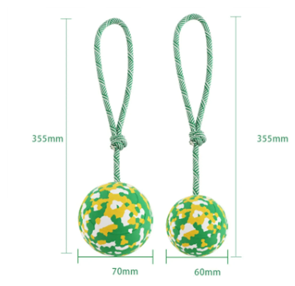 Natural rubber dog ball on nylon rope toy for medium small dogs with 6cm ball diameter