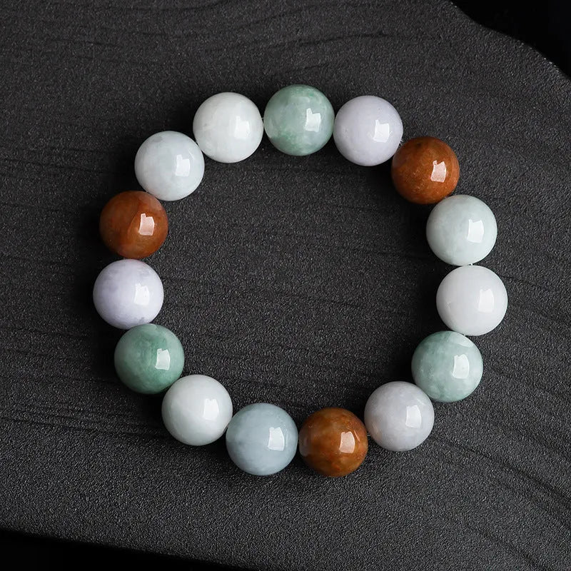 Women's natural Myanmar jade bracelet showing three colours in 13mm round bead design