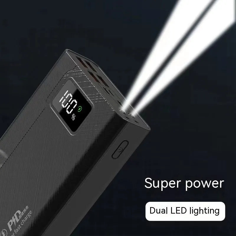 Large capacity power bank in black plastic shell showing front view with dimensions 150 x 76 mm