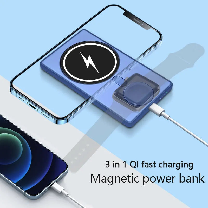 Three-in-one magnetic wireless charging power bank 5000mAh ultra-thin black