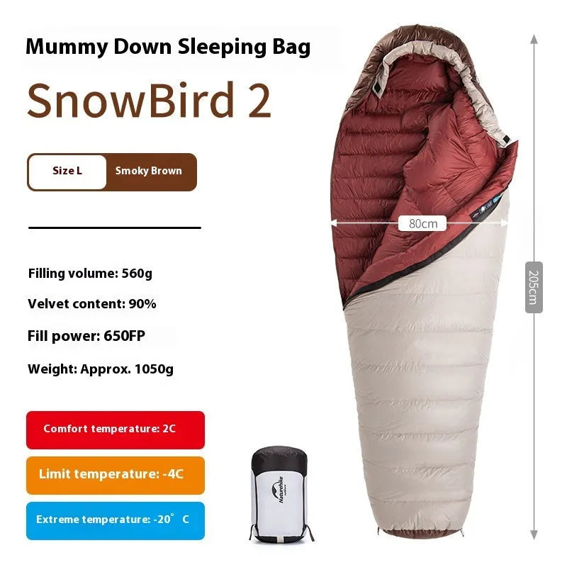 Mummy-style goose down sleeping bag for adults in a storage bag, showing size label options.