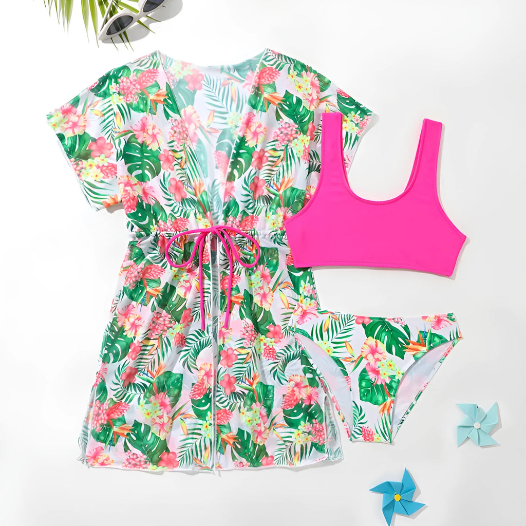 Girls floral two-piece swim briefs in a Korean style, high elasticity polyester fabric.