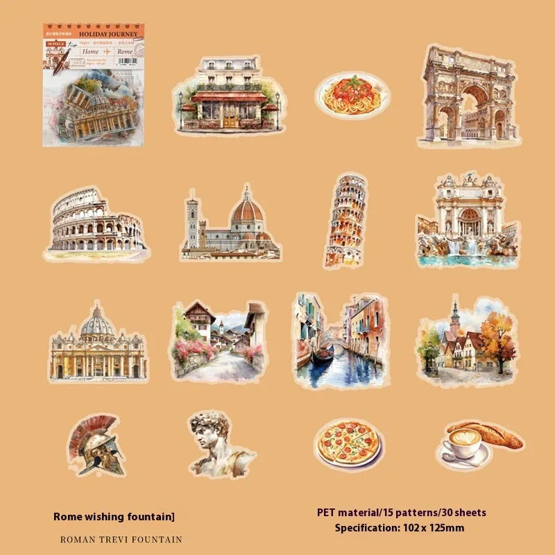 Architecture journal stickers with retro style world landmark designs including Paris Arc de Triomphe and London Big Ben