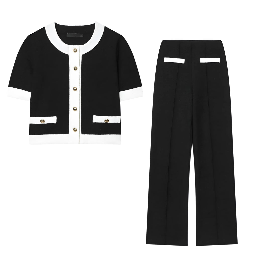 Women's beaded top and high-waisted trouser suit set in contrast colours
