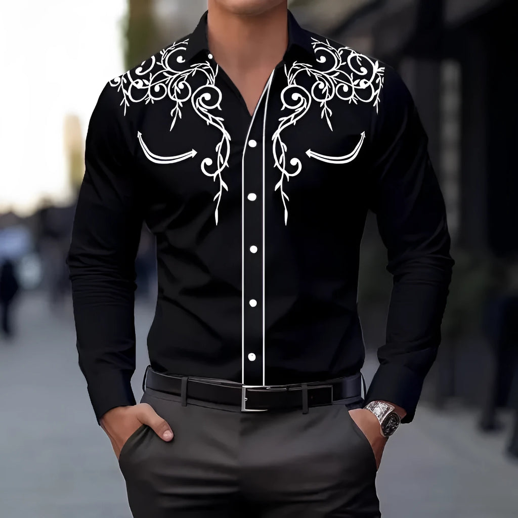 Men's long sleeve cardigan shirt with national style digital print, four-sided elastic fabric, loose fit