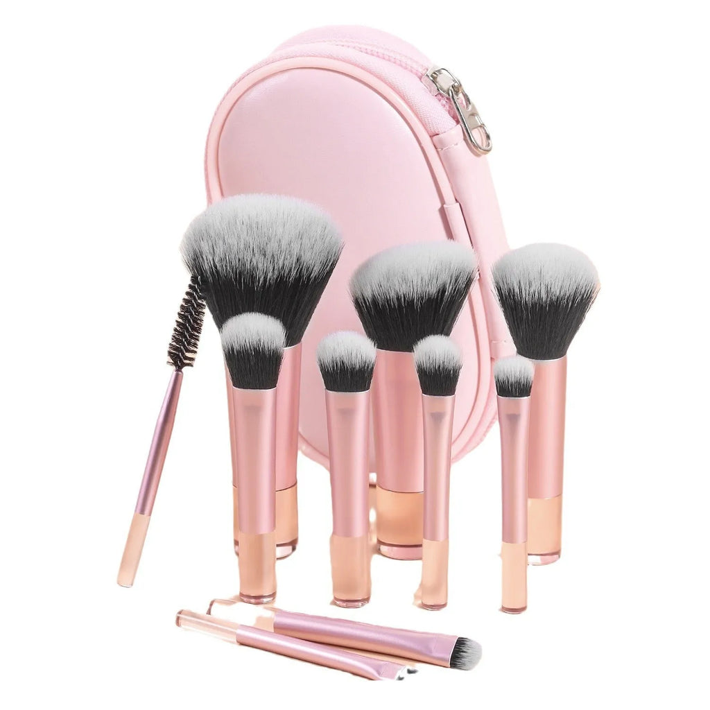 10-piece makeup brush set with fibre bristles, aluminium tubes, and crystal handles, plus a storage bag