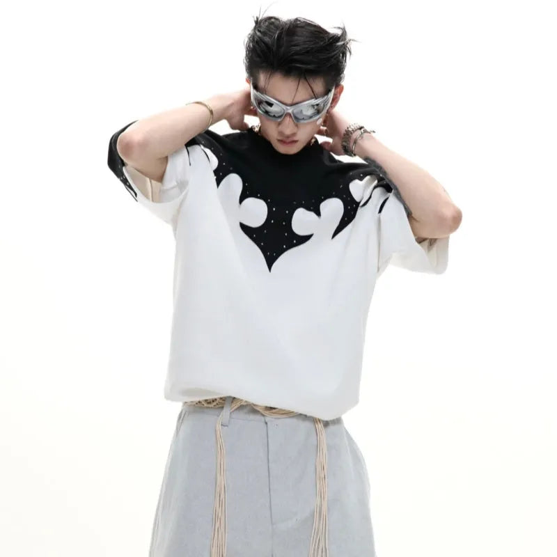 Men's cotton shirt with burnt flower stitching pattern and rhinestone accents on short sleeves