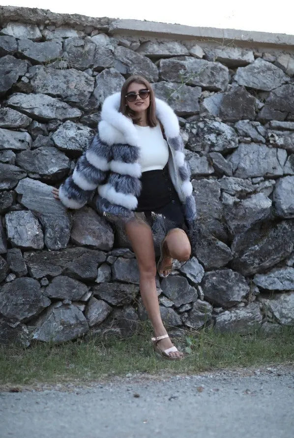 Women's loose artificial fur hooded coat in street fashion style
