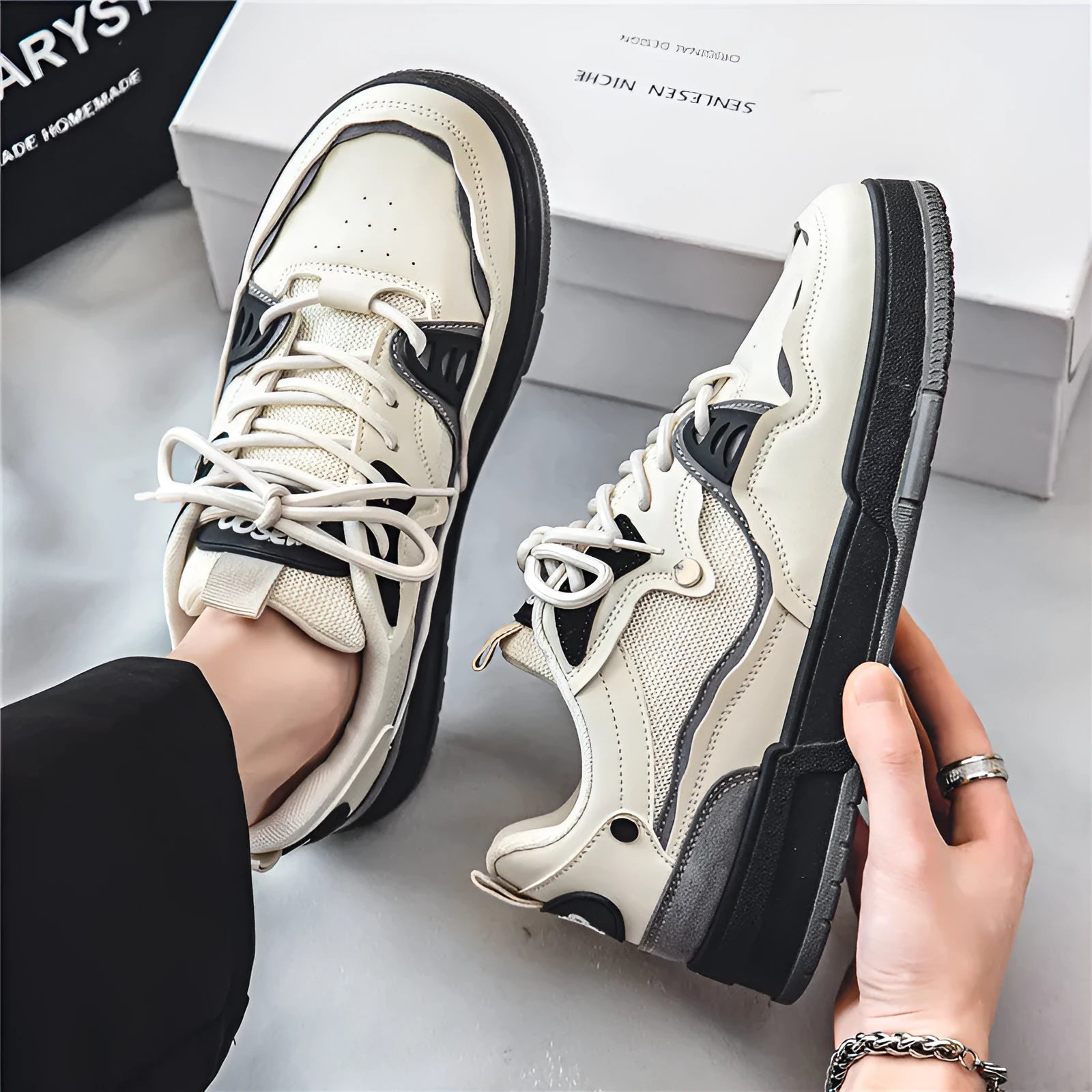 Men's low-top mesh board shoes flat heel casual breathable rubber sole stitching sizes 39-44