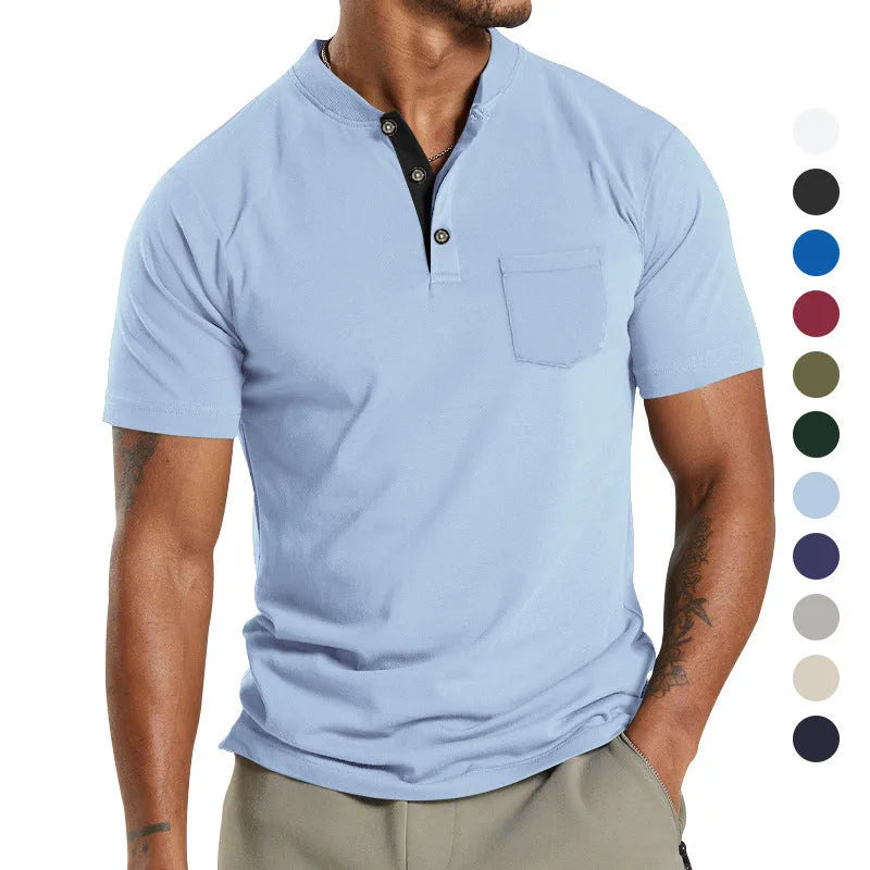 Men's solid colour short sleeve polyester shirt with a button pocket, shown in Army Green.