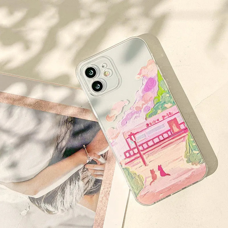 Soft silicone mobile phone case with two cat cartoon design on back for various iPhone models.
