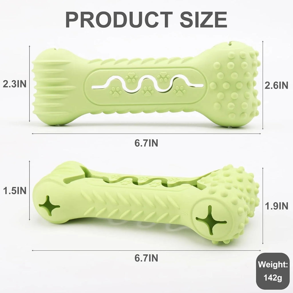 Blue, green, and orange natural rubber bone-shaped dog chew toy for aggressive chewers.