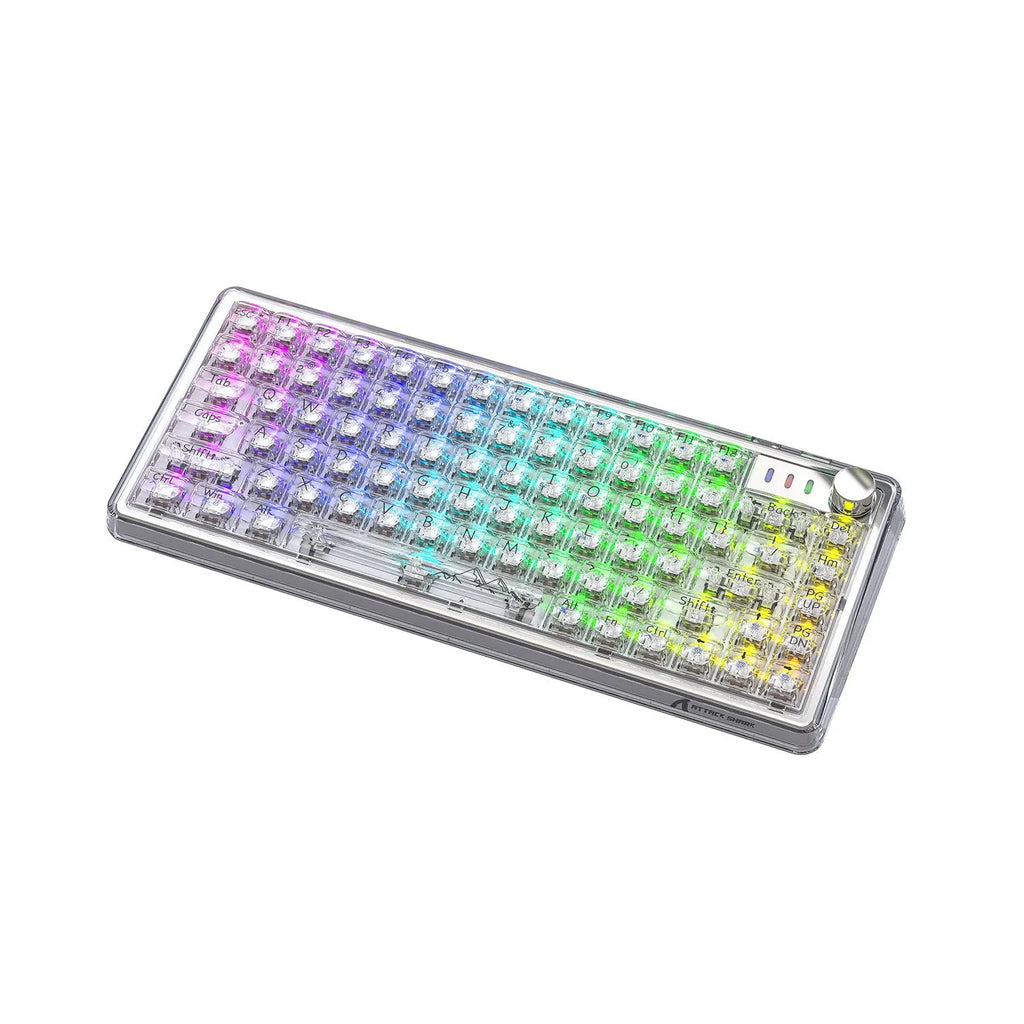 Attack Shark K75RGB wireless mechanical keyboard with transparent black case showing RGB backlighting and 75% layout