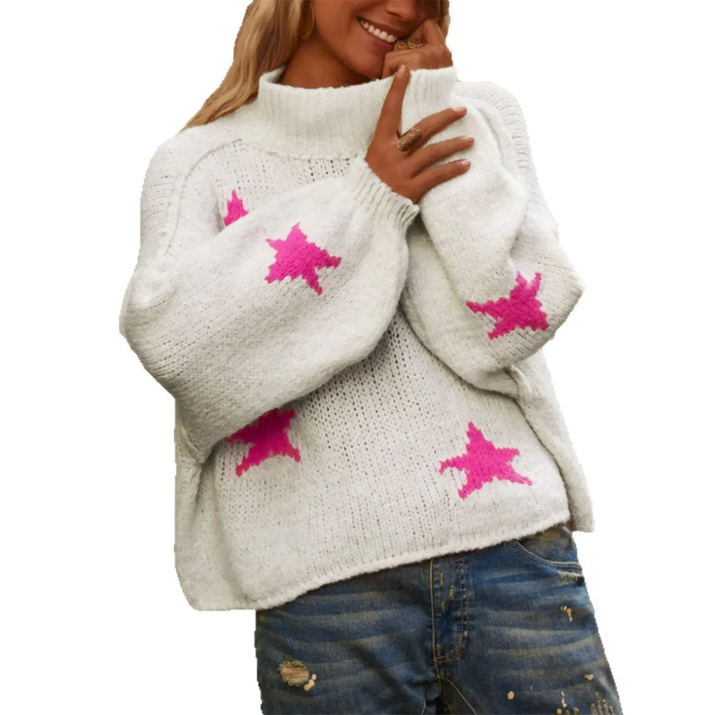 Women's white loose turtleneck pullover with star pattern in imitation velvet fabric