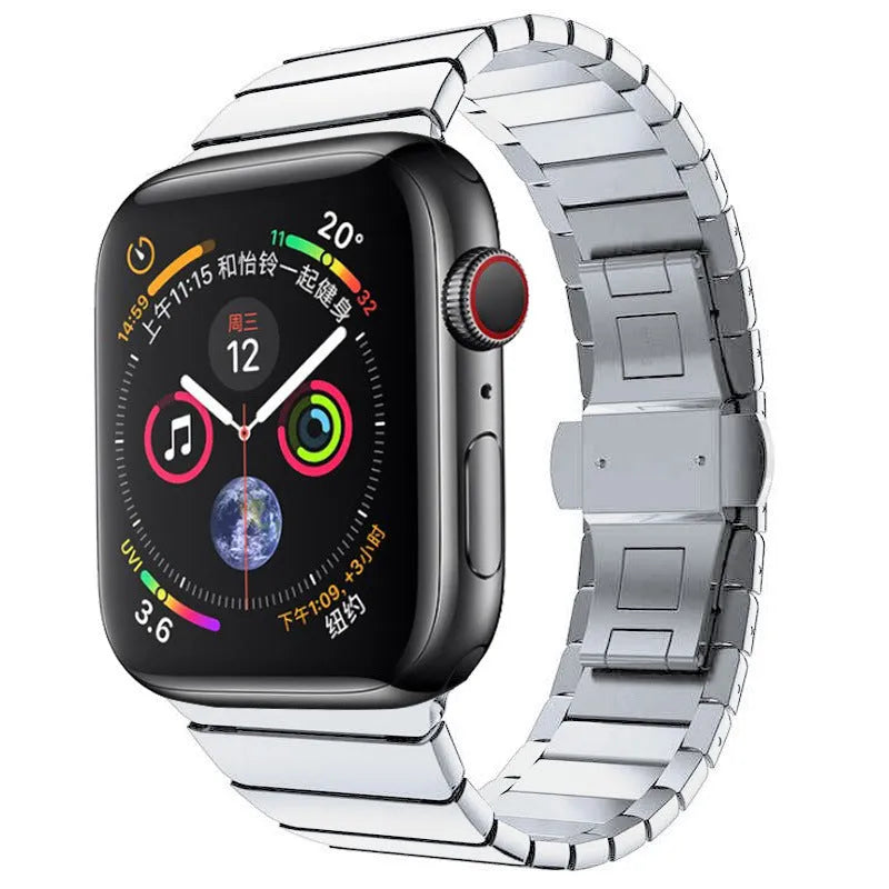 Silver stainless steel metal chain watch strap with butterfly buckle for Apple Watch.