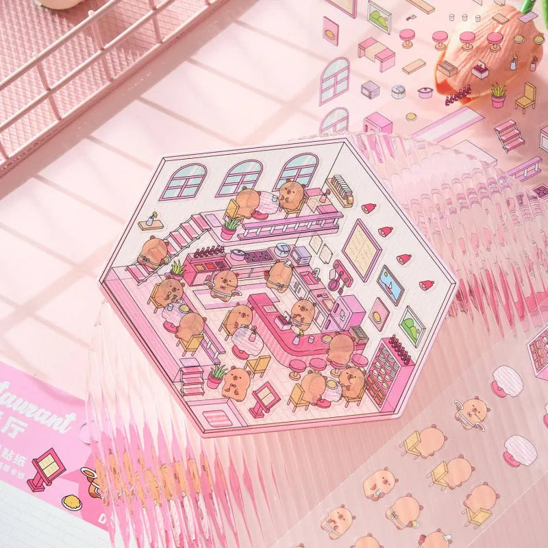Pack of cut-free three-dimensional PET stickers in eight cartoon shop themes including bakery, bookstore, and fruit shop designs.