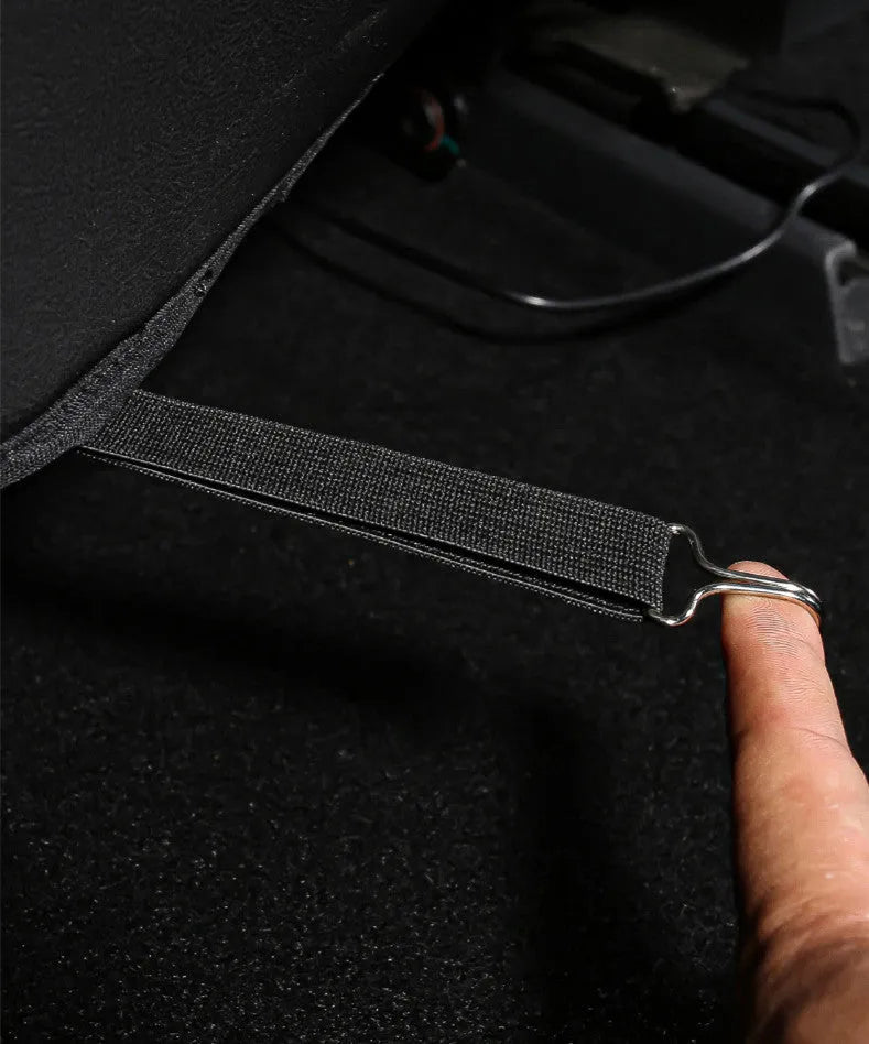 Black leather rear anti kick pad for car seat, shown with a single storage pocket.