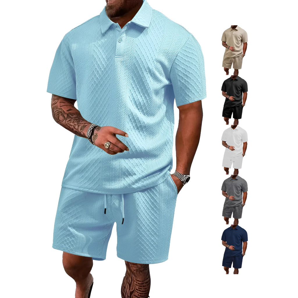 Men's thin short sleeve casual suit in polyester figured cloth with matching trousers