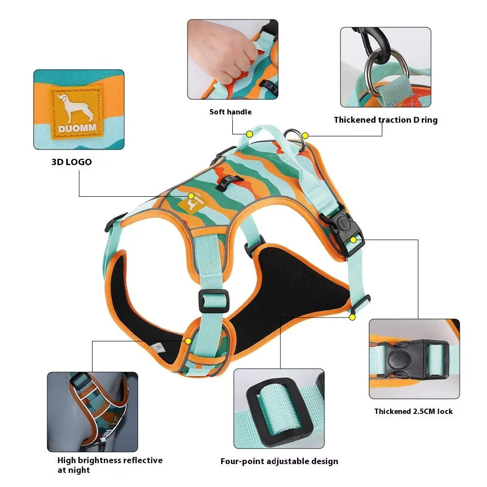 Reflective dog walking harness and lead set with hand holding rope in orange colour