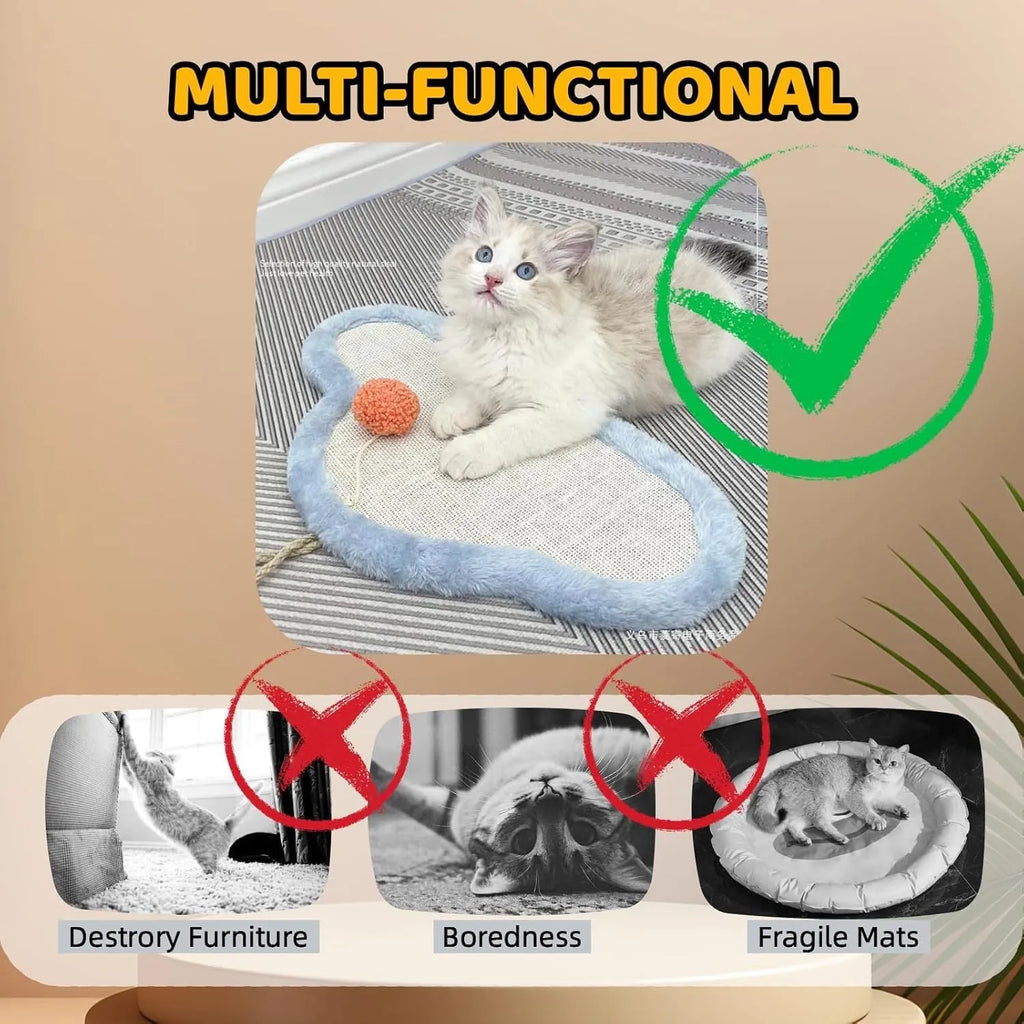 White cat scratching mat with sleeping cat cartoon design, made from natural sisal.