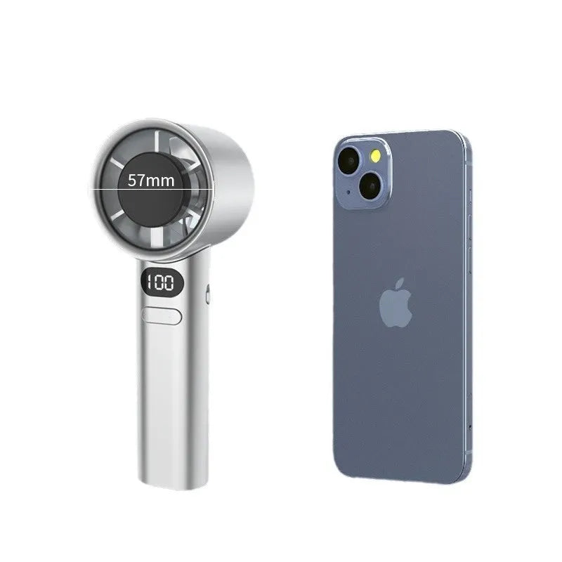 USB handheld fan with variable speed control in green colour showing plastic blades and brushless motor design