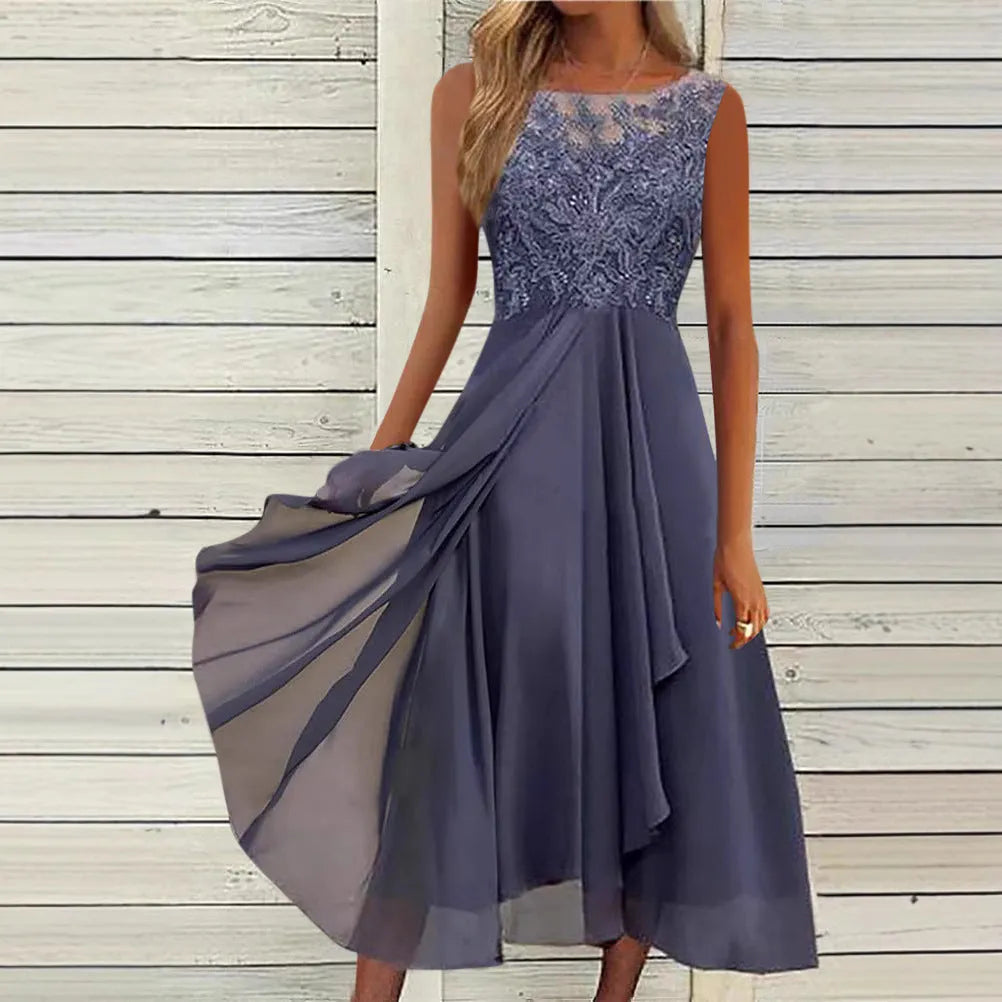 Women's sleeveless chiffon dress with lace stitching in green, purple or blue