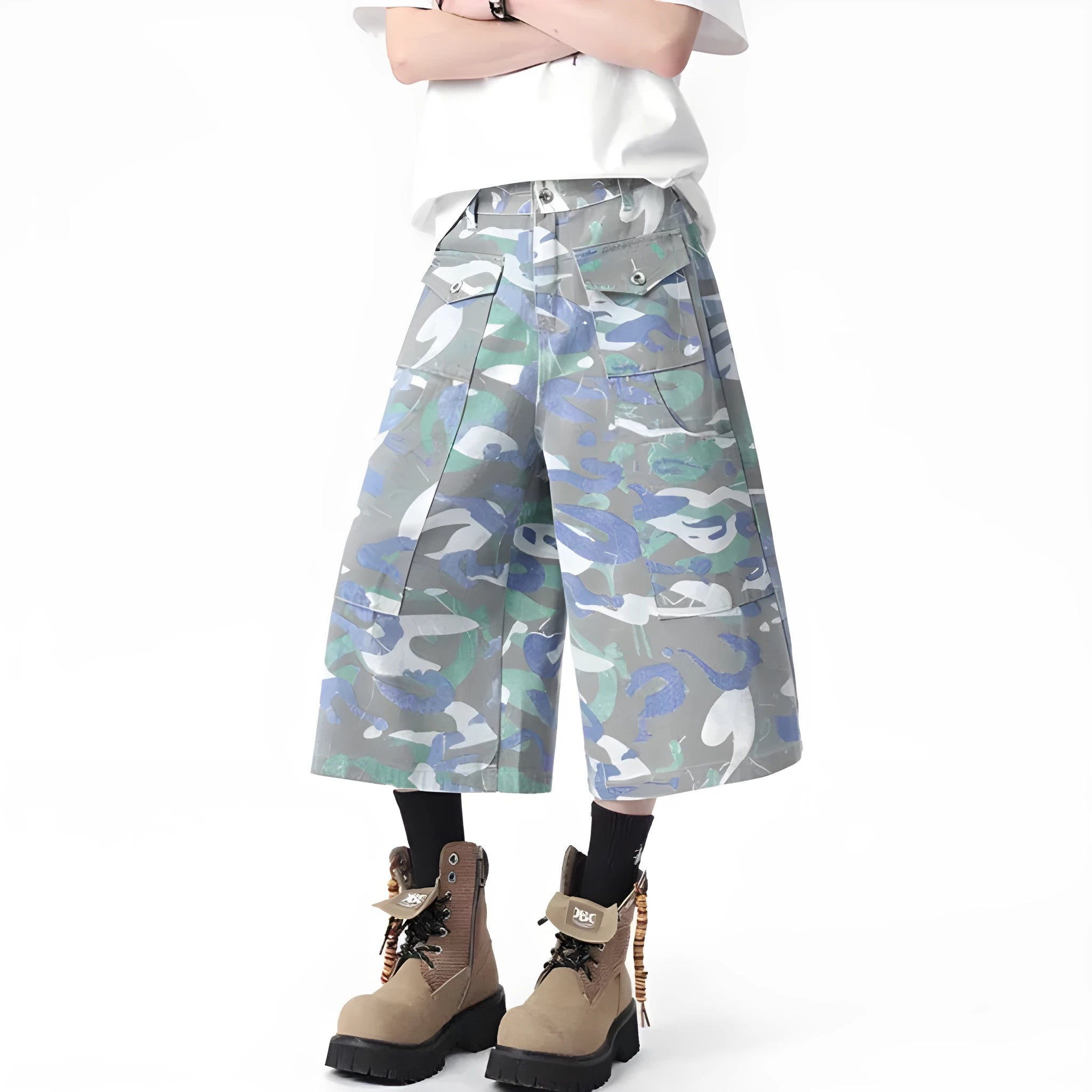 Men's camouflage colour cotton denim cropped workwear trousers with a straight leg and zipper fly.