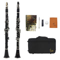 Black bakelite beginner clarinet with 17 nickel-plated keys and protective storage bag