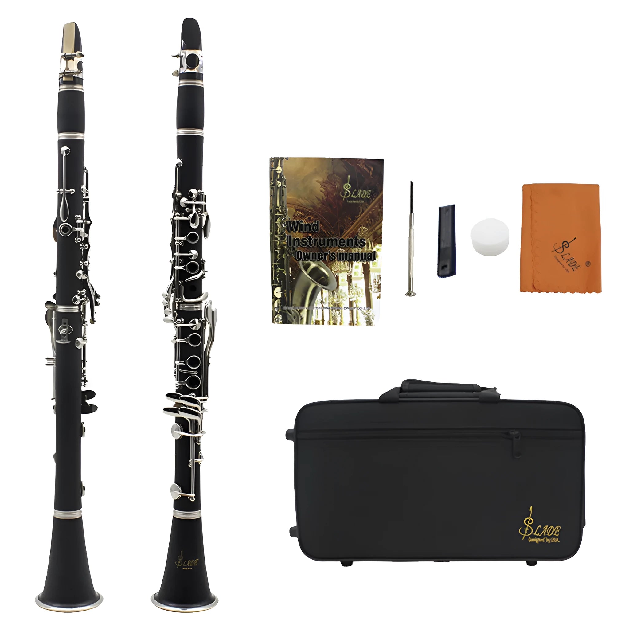Black bakelite beginner clarinet with 17 nickel-plated keys and protective storage bag