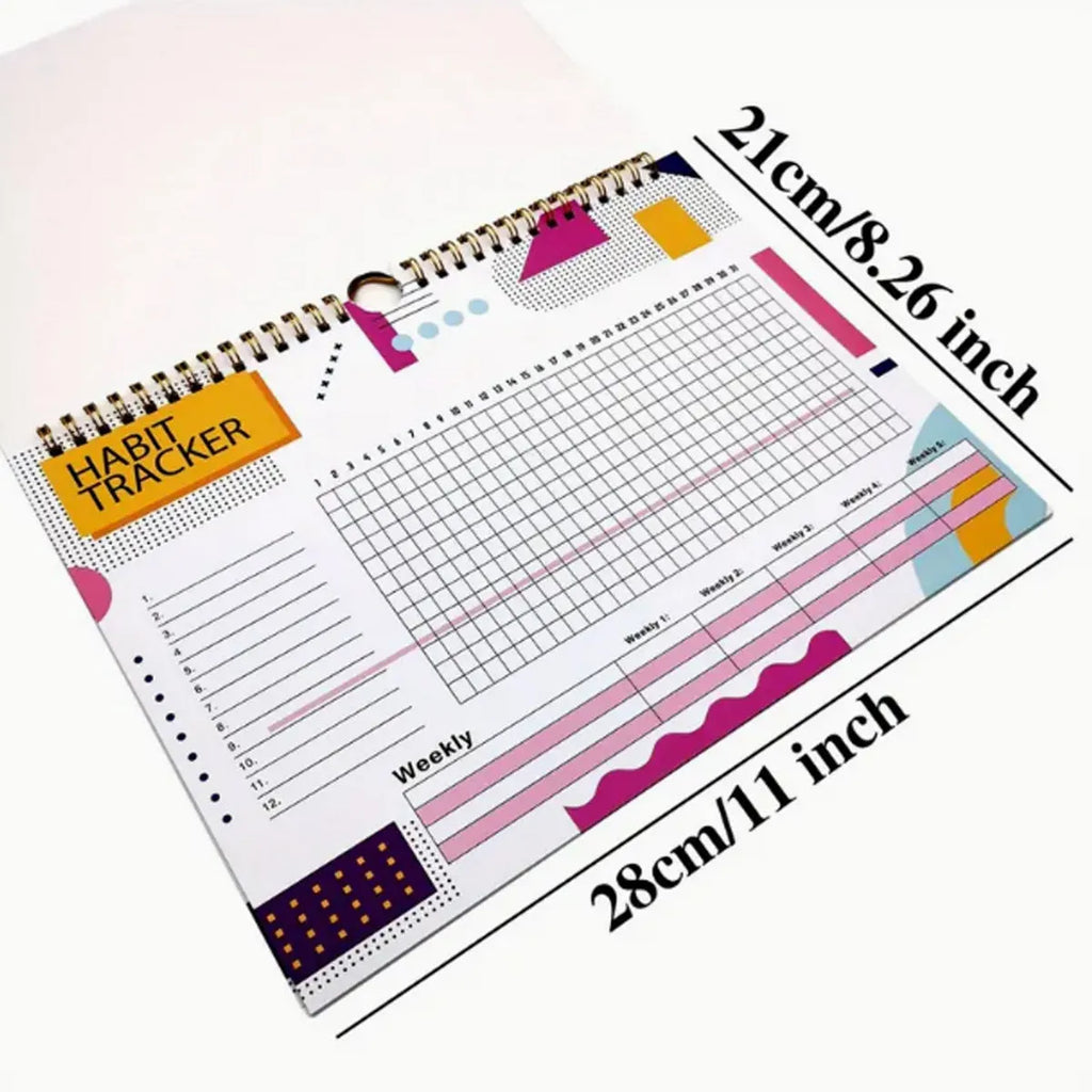 Habit tracking planner showing 12 internal pages in A4 21x28cm size with colour options