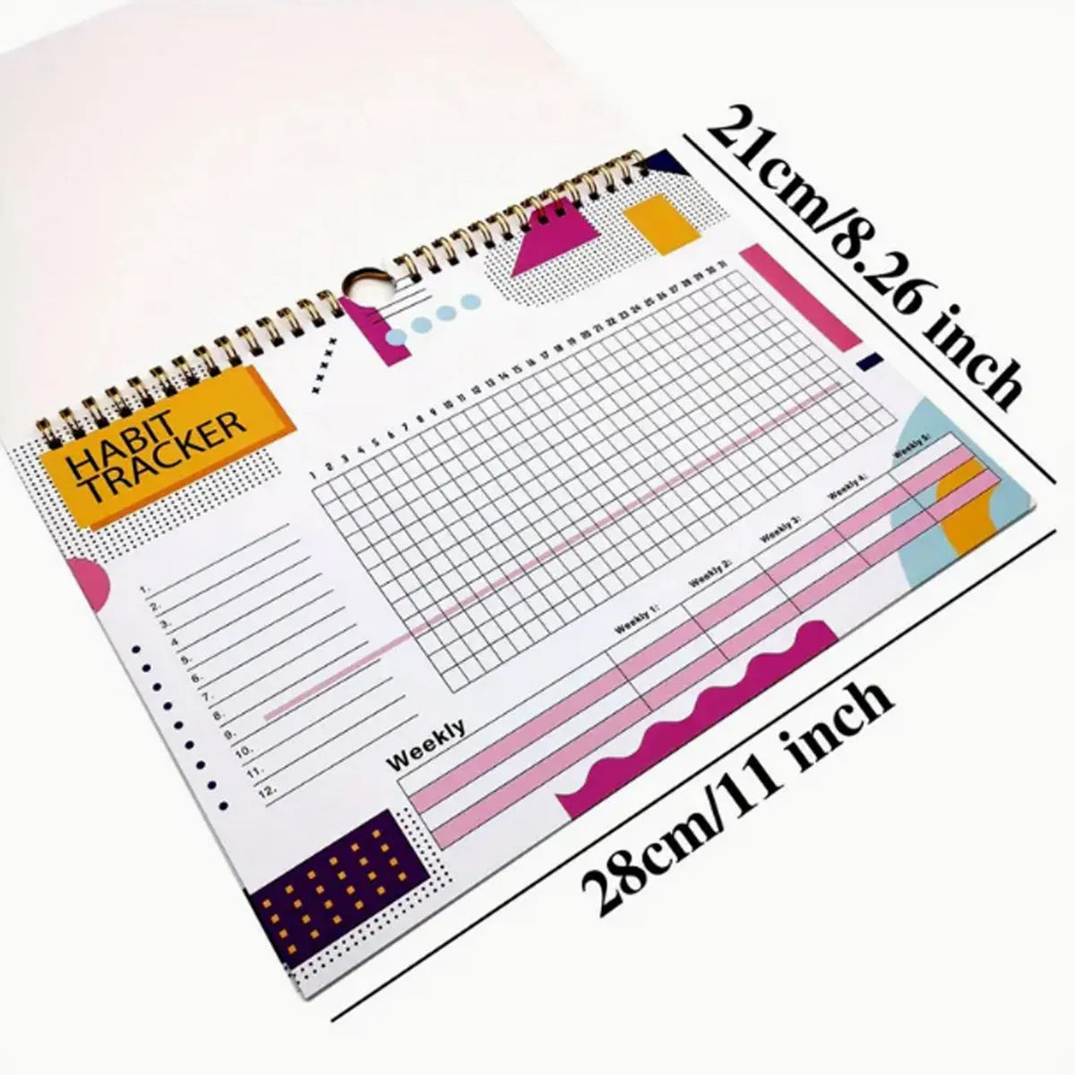Habit tracking planner showing 12 internal pages in A4 21x28cm size with colour options