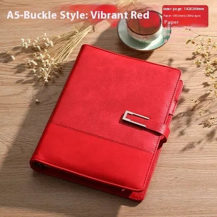 A5 business notebook with PU leather cover in brown, black, green, blue, or red, alongside a luxury gift box.