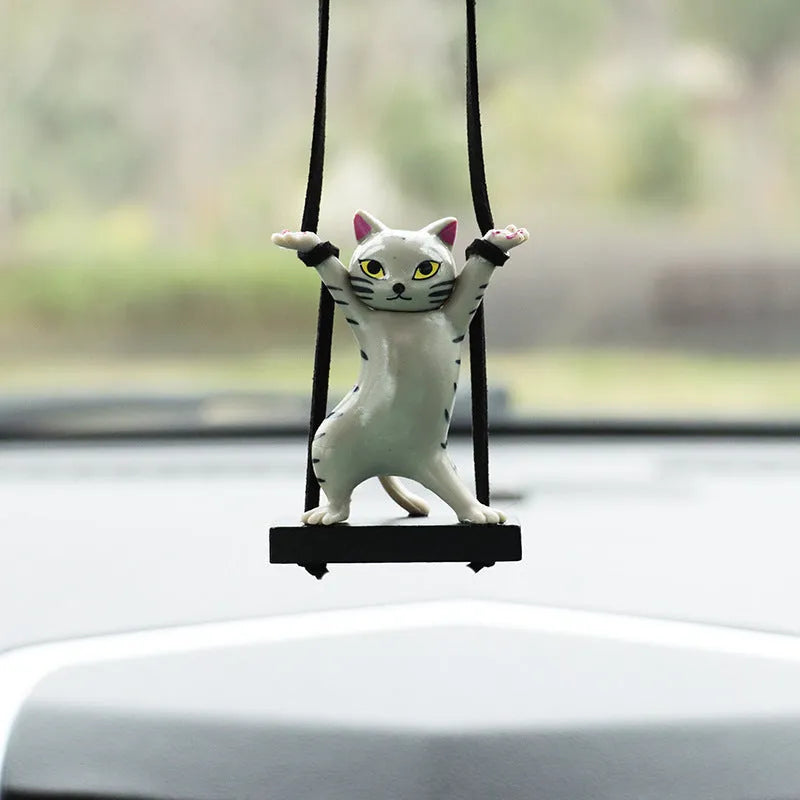 Resin cartoon cat car pendant decoration with adjustable rope in black, white, floral, grey, and brown colours