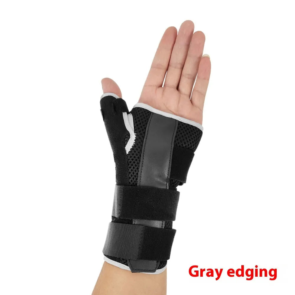 Black carbon fibre sports wrist guard with thumb strap and grey edging for left or right hand wear